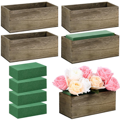 Havawish 5 Sets 10 x 4 x 4 in Wood Rectangular Planter Boxes Bulk Wood Flower Box Centerpiece Vases with Floral Foam Blocks Rustic Flower Pot Indoor Window for Wedding Arrangement