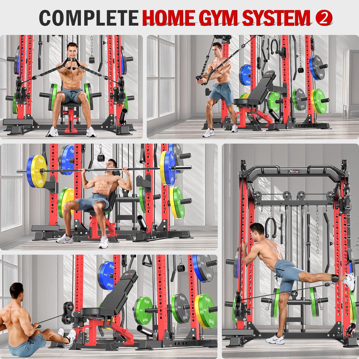 Power Rack Power Cage Multi-Function Squat Rack with Cable Crossover System Selectable More Training Attachment Power Rack for Garage & Home Gym (Red, D Set L02+Weight Bench+（Pole+Cast Iron） 248LBS)