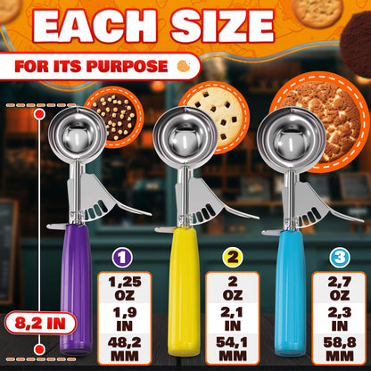 Cookie Scoop Set - Ice Cream Scoop with Trigger - Cookie Scoops for Baking Set of 3#16 (2.7 oz), #20 (2 oz), #30 (1.25 oz), Stainless Steel Versatile Tool, Portion Control for Cookies and Treats Prep