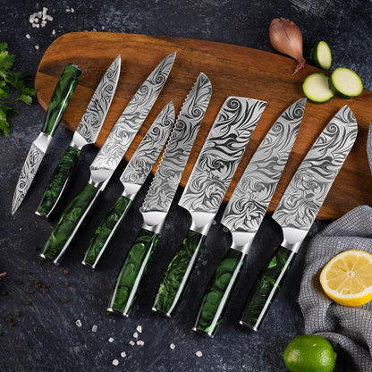 SENKEN Engraved Japanese Kitchen Knife Set with Beautiful Green Resin Wood Handles - Wasabi Collection - Chef's Knife, Bread, Cleaver, Paring, & More (16-Piece Knife Block Set)