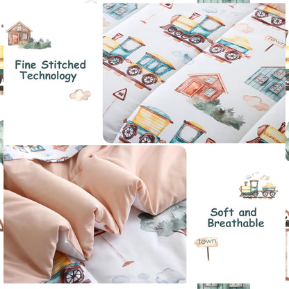 Sets 8 Set Country Set, Mooreeke Kids Full Comforter for Boys Pieces Train Bedding for Teens Microfiber Train Town Kids