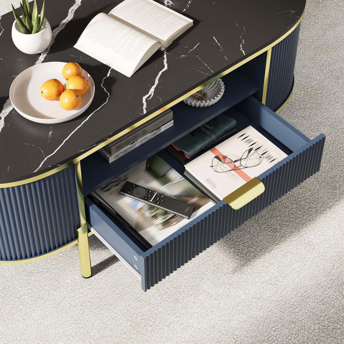 Takywep 48 inch Oval Coffee Table with Drawer, Fluted Modern Faux Marble Top Coffee Table for Living Room, Gold Metal Legs, Center Table for Lounge, Navy Blue