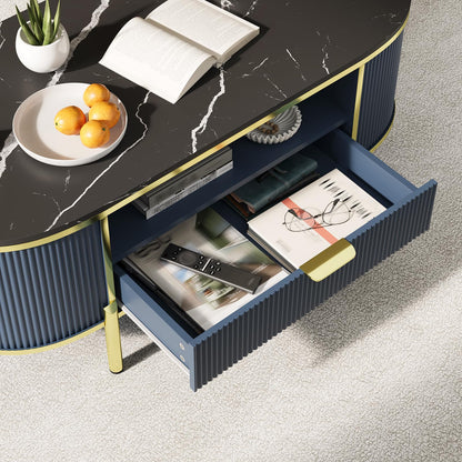 Takywep 48 inch Oval Coffee Table with Drawer, Fluted Modern Faux Marble Top Coffee Table for Living Room, Gold Metal Legs, Center Table for Lounge, Navy Blue