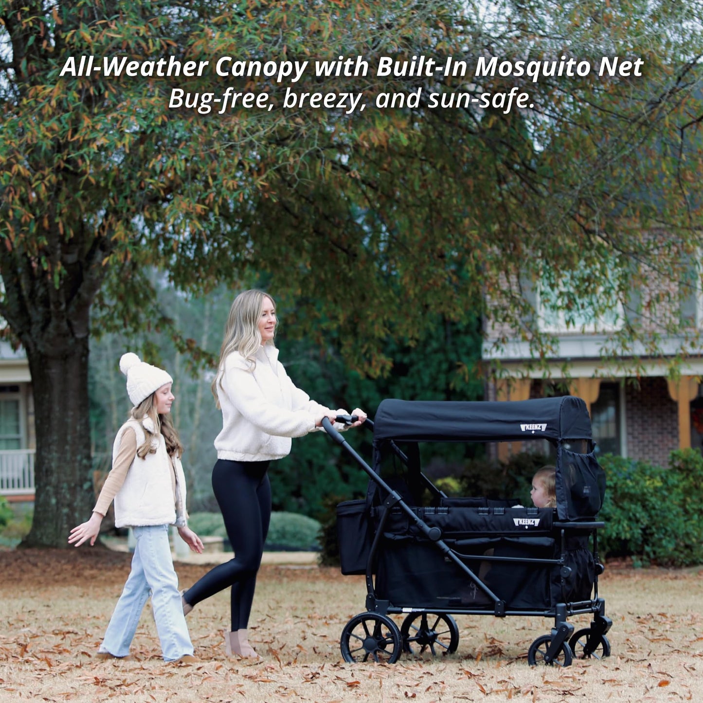 Keenz Viva 2-Passenger Compact Foldable Stroller Wagon with Canopy, Hybrid Push Pull Handle, EVA Wheels, and Storage – Lightweight Stroller Wagon for Toddlers and Kids, Black