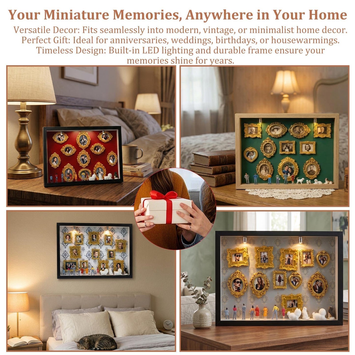 All-in-One DIY Shadow Box Kit,Mini Gold Frames with Museum of Figurines | LED-Illuminated Silhouette Box Memory Collage | Anniversary/Wedding Eco-Friendly Decor Gift (B Style)