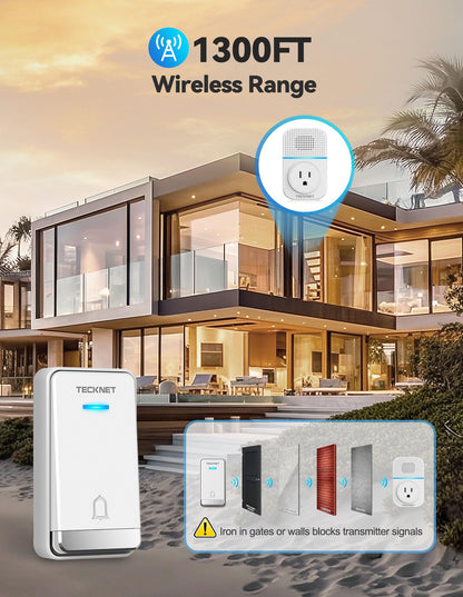 TECKNET Wireless Doorbell, Self-Powered Doorbell, 0-110db Plug-through Wireless Doorbell Ringer for Homes Classroom, IP66 Waterproof 1300ft Door Chime with Extra Socket, 60 Chimes, LED Light (White)