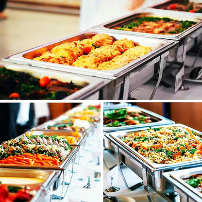 FENOKD Chafing Dish Buffet Set 2 Pack Stainless Steel Chafer for Catering, Full Size Rectangular Catering Chafer Warmer Set with Trays Pan Lid Folding Frame Stand.