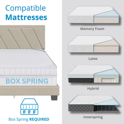 Boyd Sleep Diagonal King Size, White Linen Upholstered Platform Bed with Adjustable Headboard - Qualified Box Spring or Foundation Required for Use