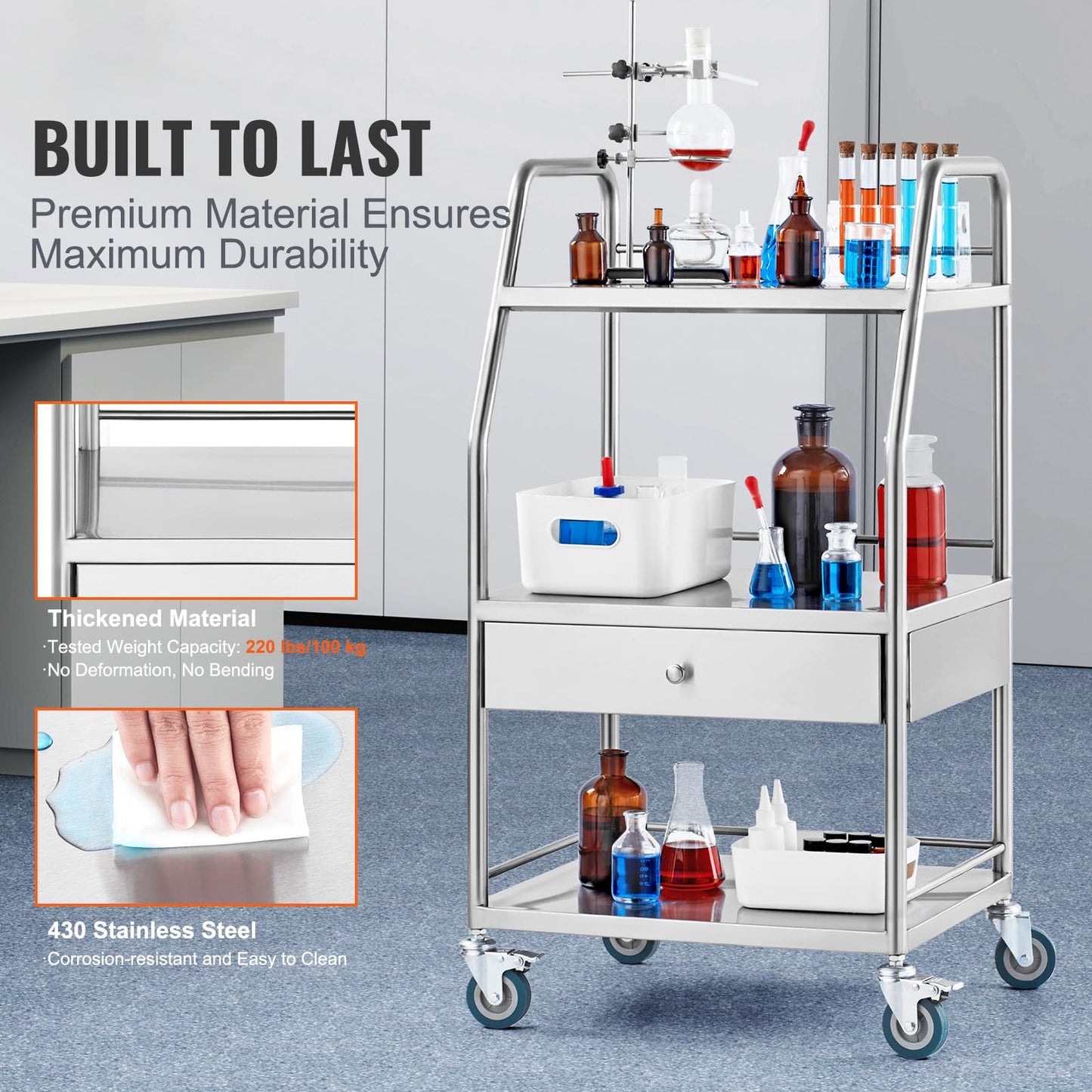 Happybuy Lab Serving Cart, 3-Tier Stainless Steel Utility Rolling Cart with Drawer, Medical & Dental Cart with Lockable Wheels, for Laboratory, Hospital, Clinic Use