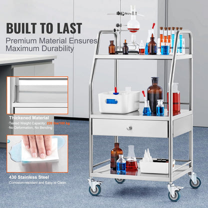 Happybuy Lab Serving Cart, 3-Tier Stainless Steel Utility Rolling Cart with Drawer, Medical & Dental Cart with Lockable Wheels, for Laboratory, Hospital, Clinic Use
