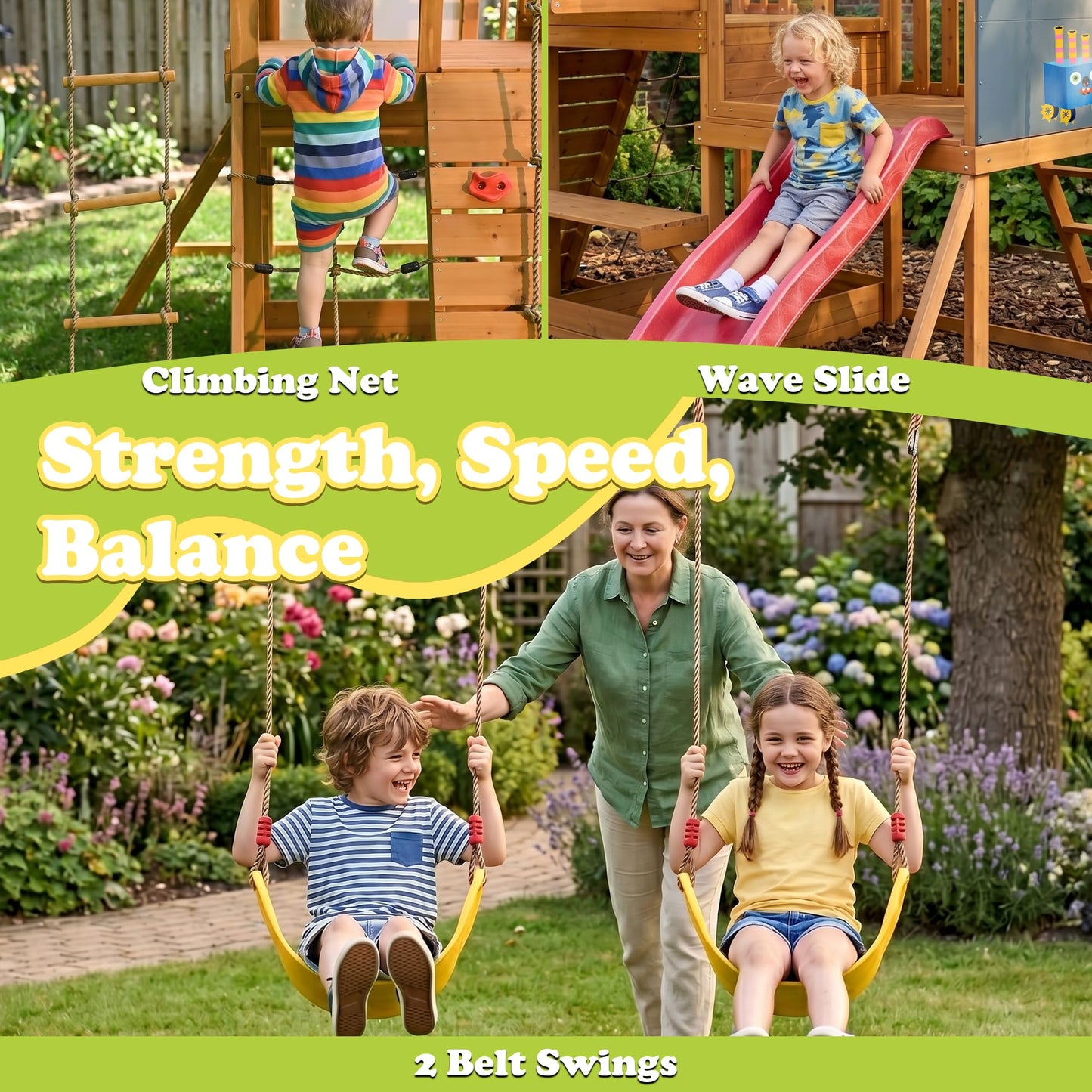 SUNIBOXI Wooden Swing Sets for Backyard, Kids Outdoor Playground Set with Monkey Bars, Slide, Swings, Climbing Ladder, Rock Wall, Picnic Table with Canopy for Ages 3-10