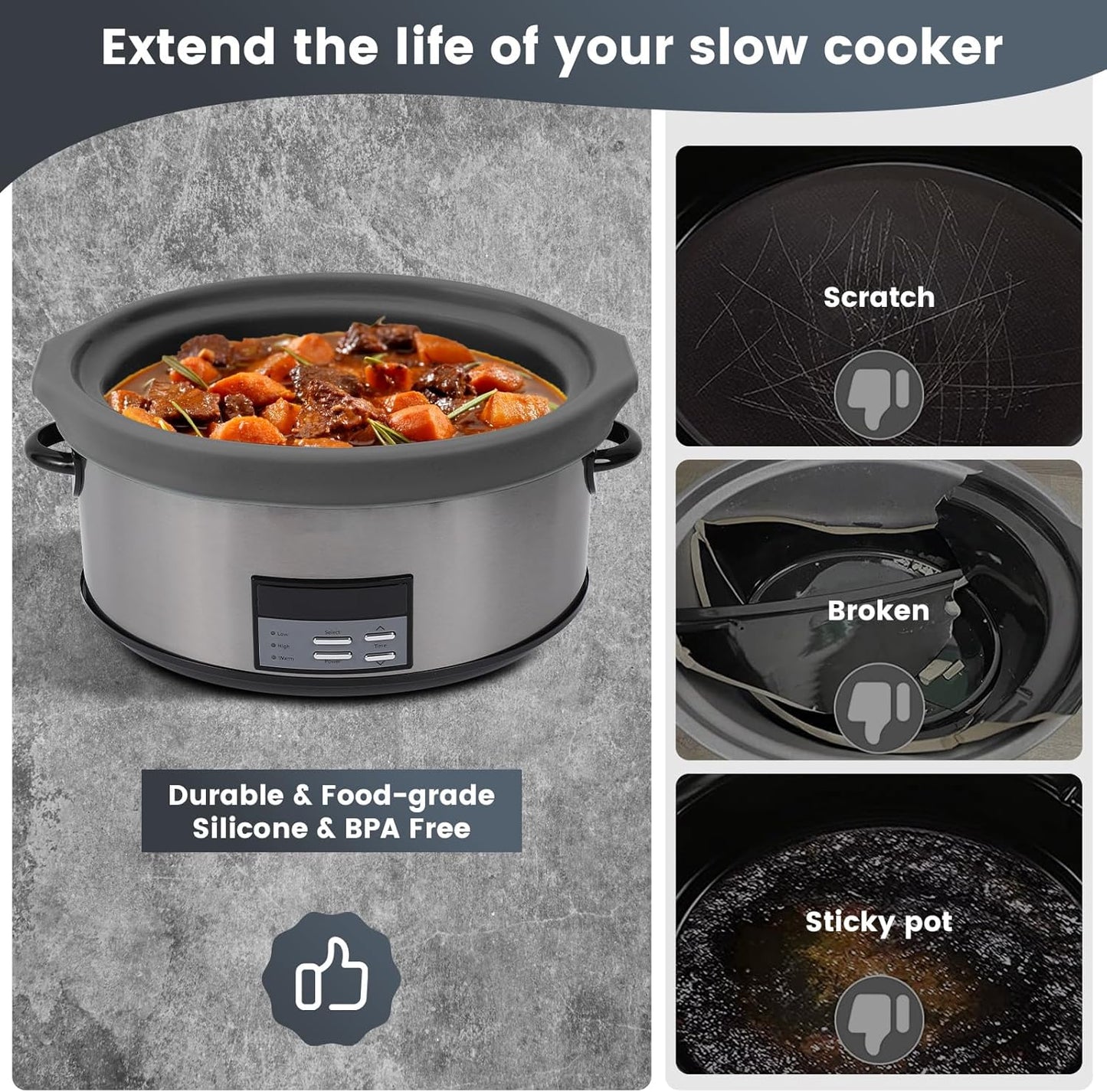 Slow Cooker Liners, Reusable & Leakproof Silicone for 7-8 QT Crock Pot, Dishwasher Safe, BPA Free (Grey)