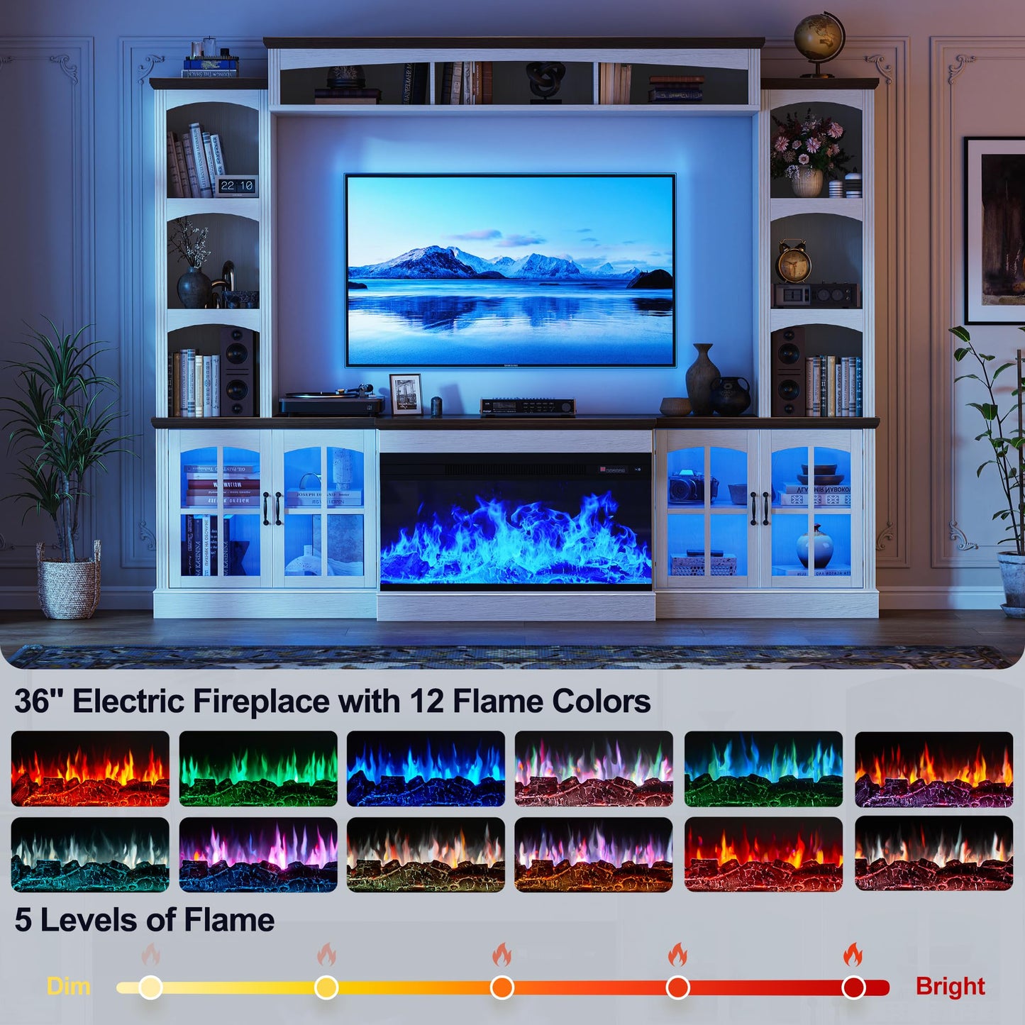 OneBlis 98" Farmhouse TV Stand with 36" Electric Fireplace, Bookshelves, Fits 75" TVs, Entertainment Center with Storage Cabinet, Large Wall Unit Media Console for Living Room, White