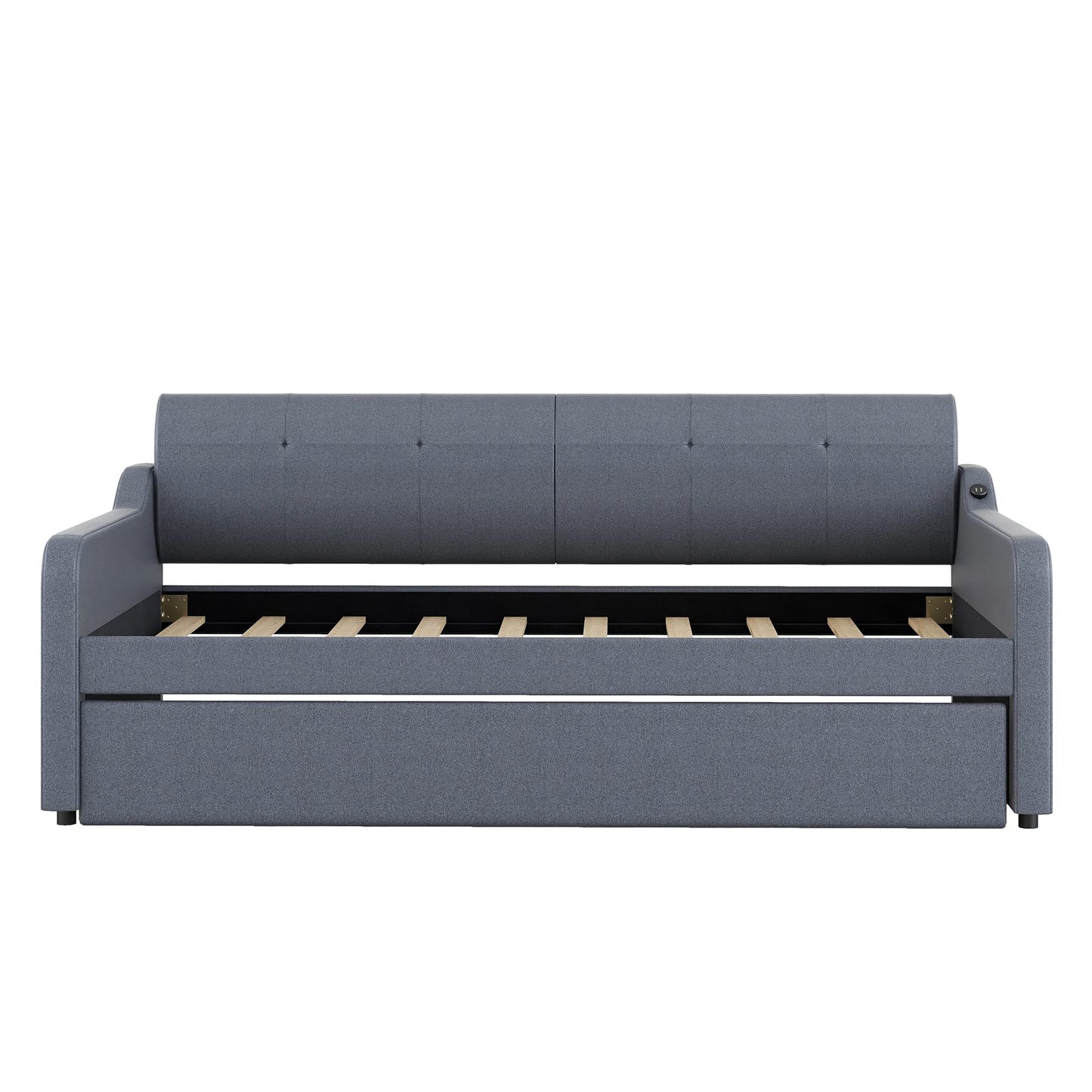 GDFStudio Twin Size Upholstered Daybed with Trundle and USB Charging Port, Pop-Up Trundle Flat or Elevated, Woven Fabric Day Bed Frame with Backrest and Armrests, Gray