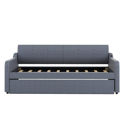 GDFStudio Twin Size Upholstered Daybed with Trundle and USB Charging Port, Pop-Up Trundle Flat or Elevated, Woven Fabric Day Bed Frame with Backrest and Armrests, Gray
