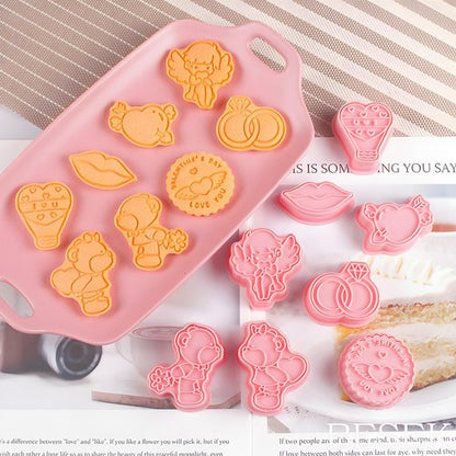 BESEK Valentine's Day Cookie Cutters: With Plunger Stamps Set, 8pcs 3D Embossing Cutters For Biscuit Fondant Cheese Baking Molds