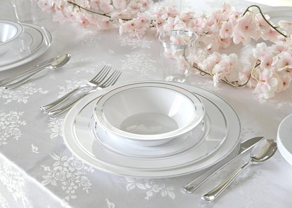 OCCASIONS 40 Piece Disposable Plastic Charger Plates 12 Inch Heavyweight Chargers for Dinner Plates, Wedding, Party, Bulk Table Setting – Premium White & Silver Rim Collection
