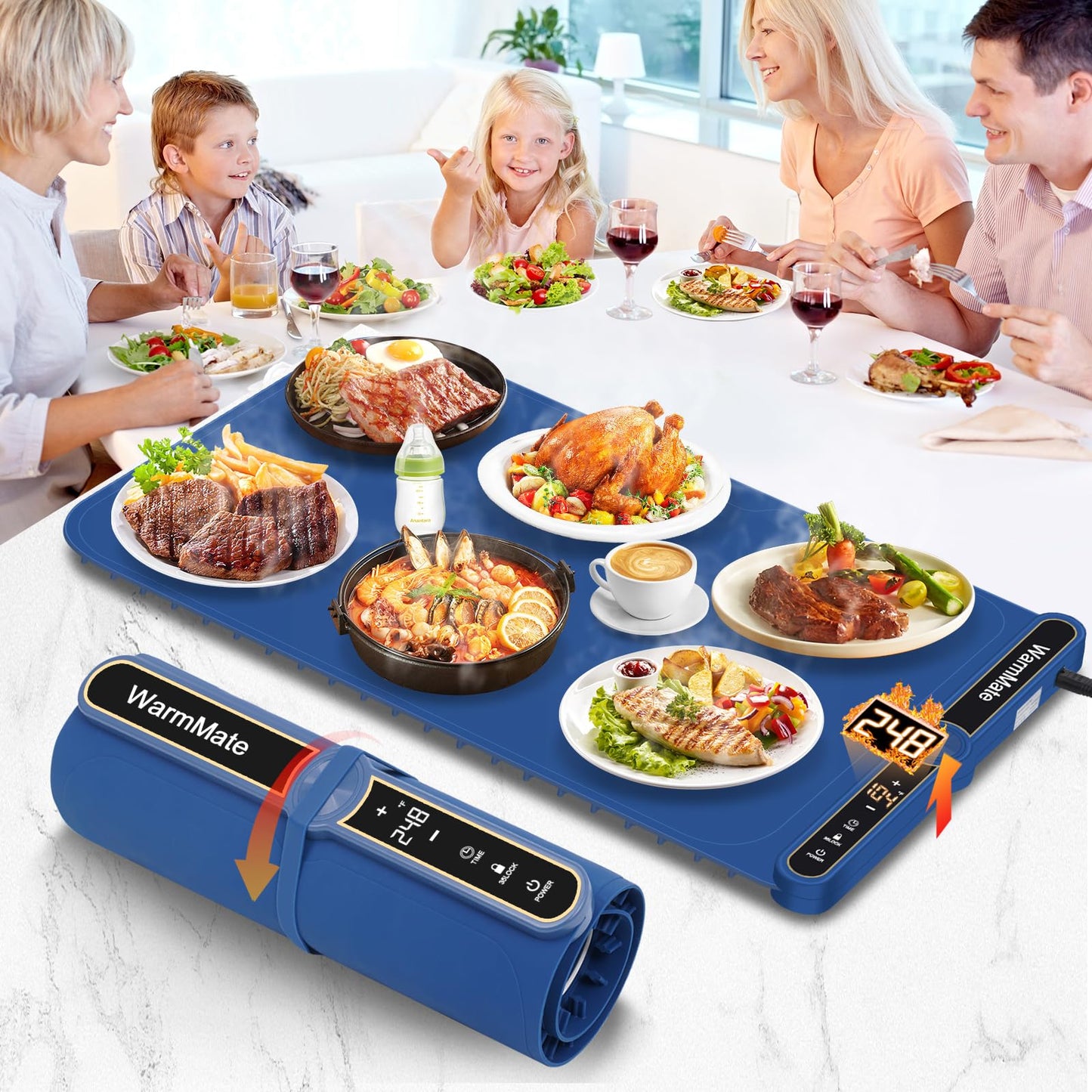 WarmMate Food Warming Mat，Electric Warming Tray with 9-Level Temperature Precision Control, 6H Timer,8s Full Surface Rapid Heating, Ideal for Buffets, Parties & Gatherings (Roll-Up Design，Dark Blue)