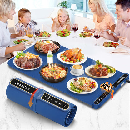 WarmMate Food Warming Mat，Electric Warming Tray with 9-Level Temperature Precision Control, 6H Timer,8s Full Surface Rapid Heating, Ideal for Buffets, Parties & Gatherings (Roll-Up Design，Dark Blue)