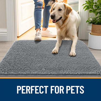 OLANLY Dog Door Mat Set - Absorbent Non-Slip Washable 4-Piece 30x20 Mud Mat | Quick Dry Chenille, Grey
