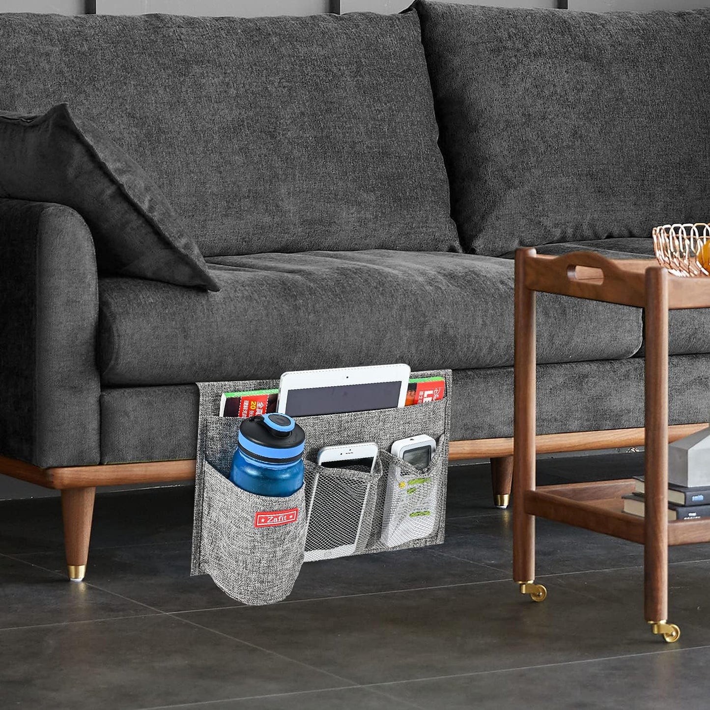 Linen 4 Pockets Bedside Caddy, Bedside Storage Organizer with Water Bottle Holder for Magazine, Remotes, Phone (Grey)