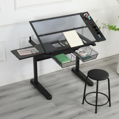 Hand Crank Adjustable Drafting Table Drawing Desk with 2 Metal Drawers (Black) with Stool