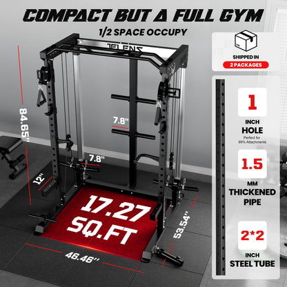 JELENS C21 Power Cage, 2000LBS Multi-Function Power Rack with Independent Dual Pulley System, All-in-One Squat Rack for Cable Crossover, Home Gym Workout Machine (Black, C21 Power Cage)