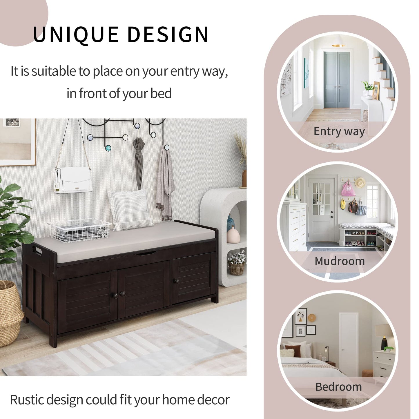 Acosure Wood Storage Bench 3 Shutter-Shaped Doors,Multifunction Shoebox W/ 2 Size and Removable Cushion & Hidden Savings Space,for Entryway,Bedroom,Living Room,Espresso