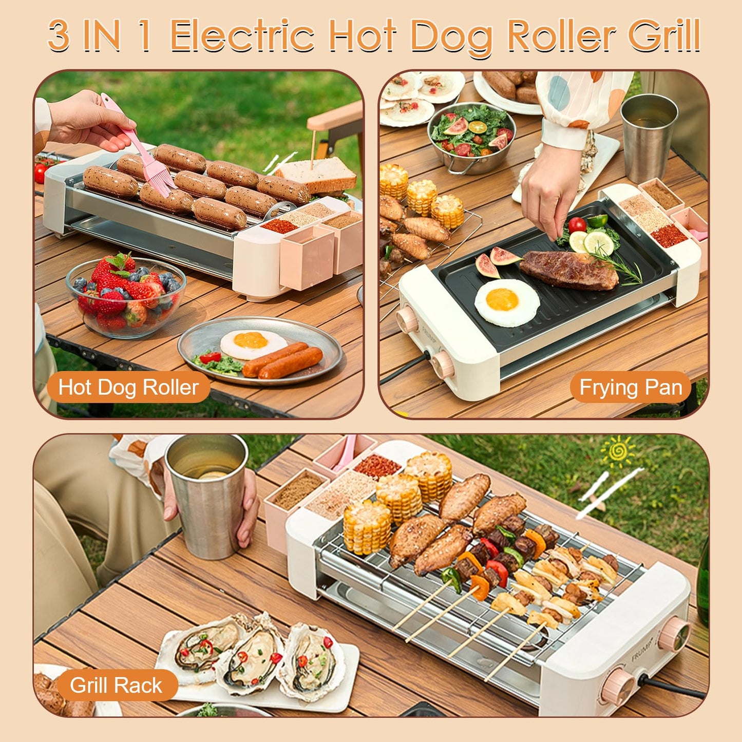 Electric Hot Dog Roller 6 Rollers - 3 in 1 Indoor Grills Portable with Non-stick & Smokeless Removable Grill & BBQ Griddle Plate,Stainless Sausage Grill Cooker Machine, for Family party Use