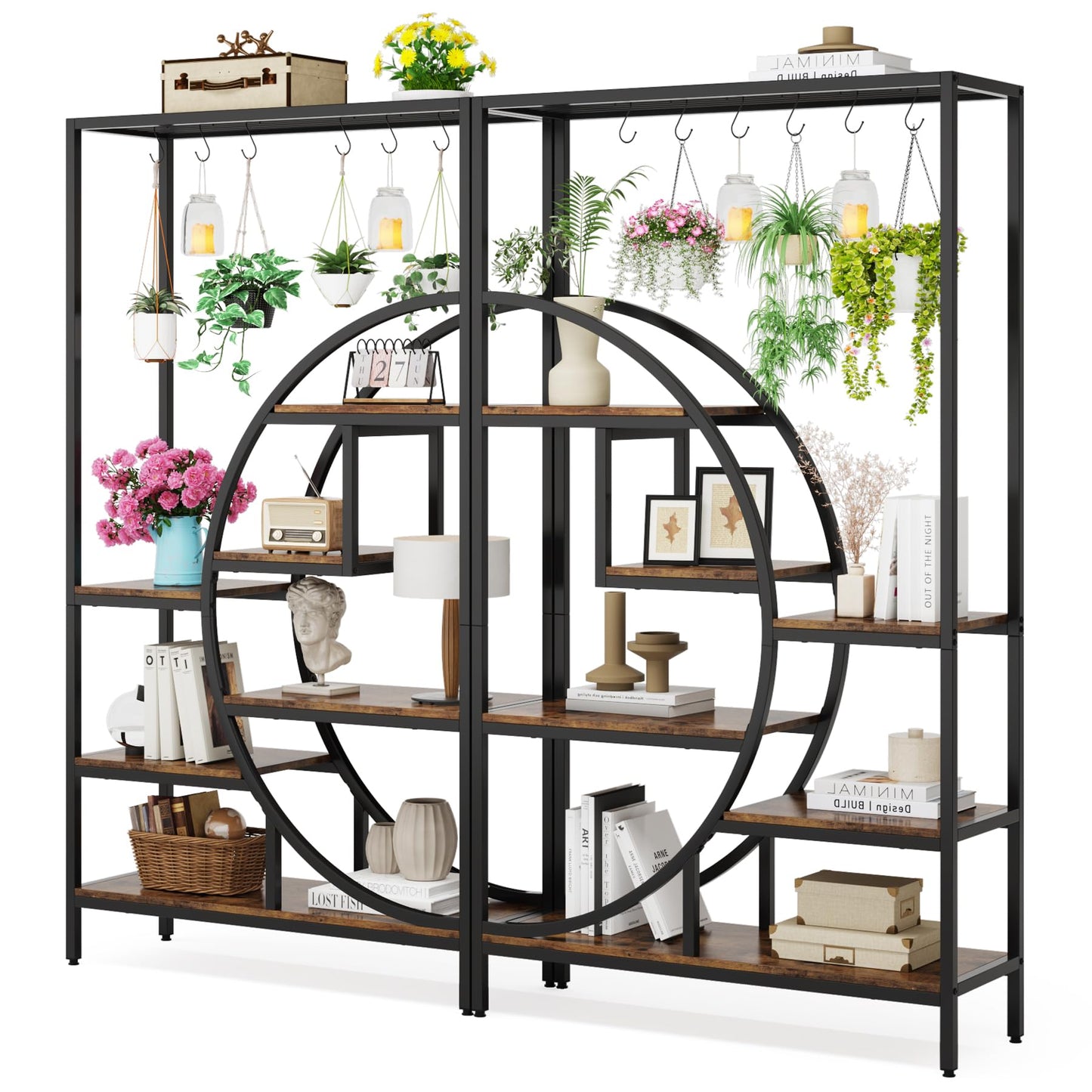 Tribesigns 7 Tier Indoor Plant Stand, 70.9" Tall Half Moon Shaped Plant Shelf with 6PC S Hanging Hooks, Industrial Large Flower Pots Display Rack for Home Garden, Balcony, Patio (Brown-2PC)