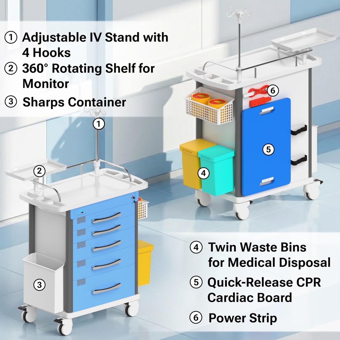Medical Crash Cart | Emergency Rolling Trolley with 5 Locking Drawers | Hospital Procedure & Lab Utility Cart w/IV Pole, CPR Board, Defib Shelf & Power Strip | Mobile Workstation for Dental & Clinic