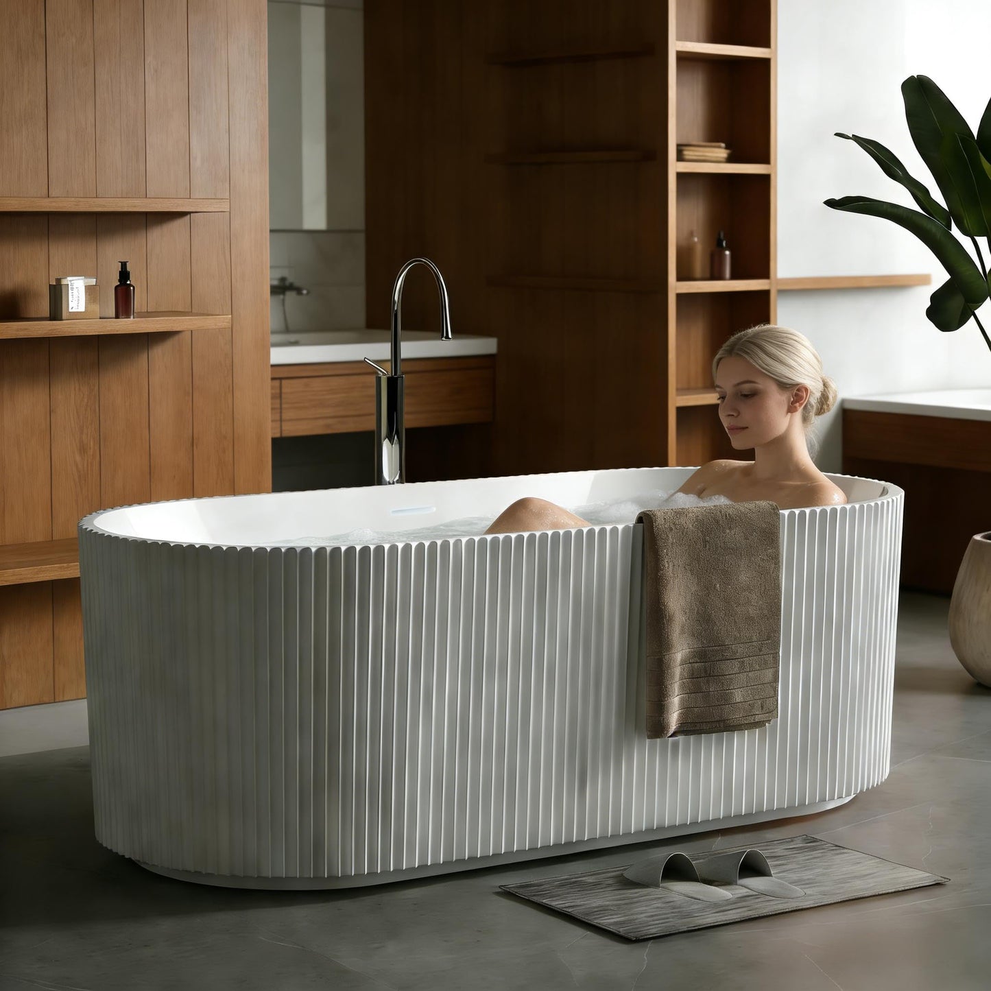 67" Acrylic Freestanding Bathtub, White Soaking Tub with Non-Slip Base, cUPC Certified Free Standing Tub, Chrome Drain Bath Tub, Modern Tub for Bathroom