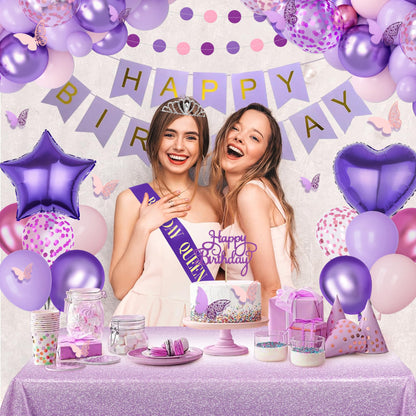 Amandir Purple Birthday Decorations for Women, Pastel Pink and Purple Balloons Foil Table Cloth Sash Crown Fringe Curtains Happy Birthday Banner Circle Garland Butterfly Cake Topper Party Supplies