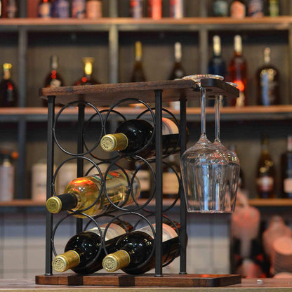 SASIDO Wine Racks Countertop, Wine Holder and Glasses Rack, Wooden Wine Stand with Tray, Perfect for Home Decor & Kitchen Storage Rack etc (Hold 6 Bottles and 2 Glasses)