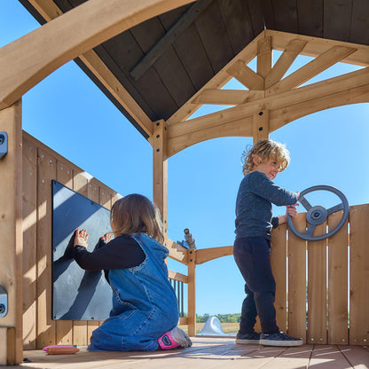 Backyard Discovery Dover Bay Spruce Wood Swing Set with Wave Slide, Clubhouse, Monkey Bars, Rock Wall, Belt Swings, Step Ladder, Toy Telescope, Chalkboard, Outdoor Playset