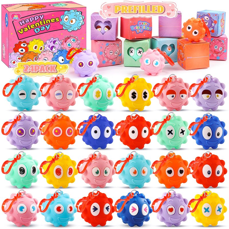 Valentines Day Gifts for Kids, 24 PACK Prefilled Valentines Box with 3D Pop Fidget Ball, Valentines Party Favors, Valentines for Class Boys Girls, Kids Valentines Day Gifts for School Classroom