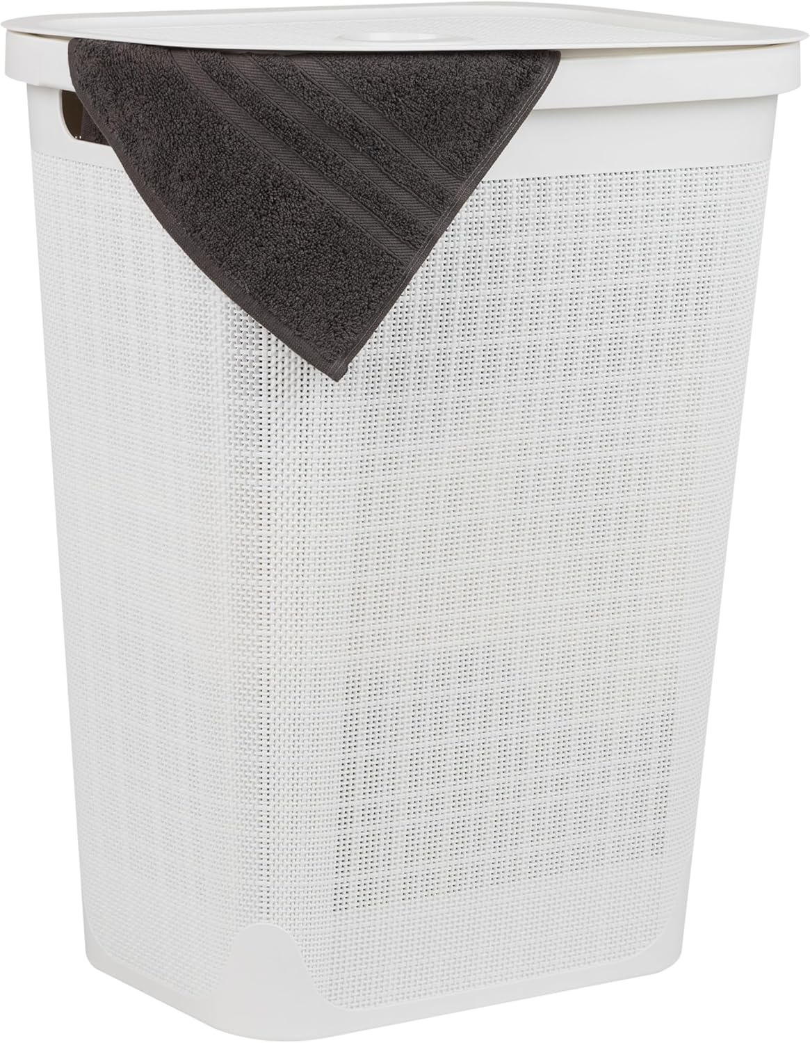 Mind Reader 60L Slim Laundry Hamper, Clothes Basket with Lid, Linen Design, Plastic, 18.25”L x 14.25”W x 23.5”H, White