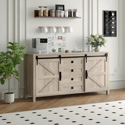 IDEALHOUSE 60" Farmhouse Sideboard Buffet with Storage Drawer & Sliding Barn Doors | Rustic Wood Coffee Bar Cabinet | Multi-Functional for Dining Room Kitchen, As TV Stand & Console Table