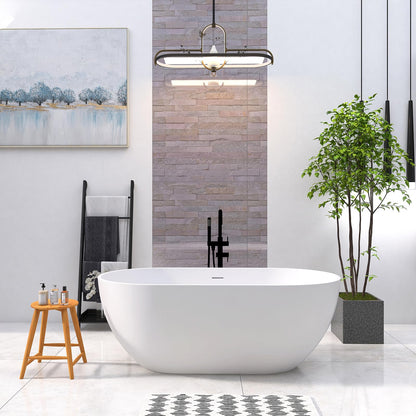 MEDUNJESS 59'' Freestanding Tubs Bathtub Bathroom Solid Surface Resin Stone Bathtubs soaker Tubs Oval Shaped Matte Luxury Modern Soaking Tub with Overflow and Pop-up Drain - White