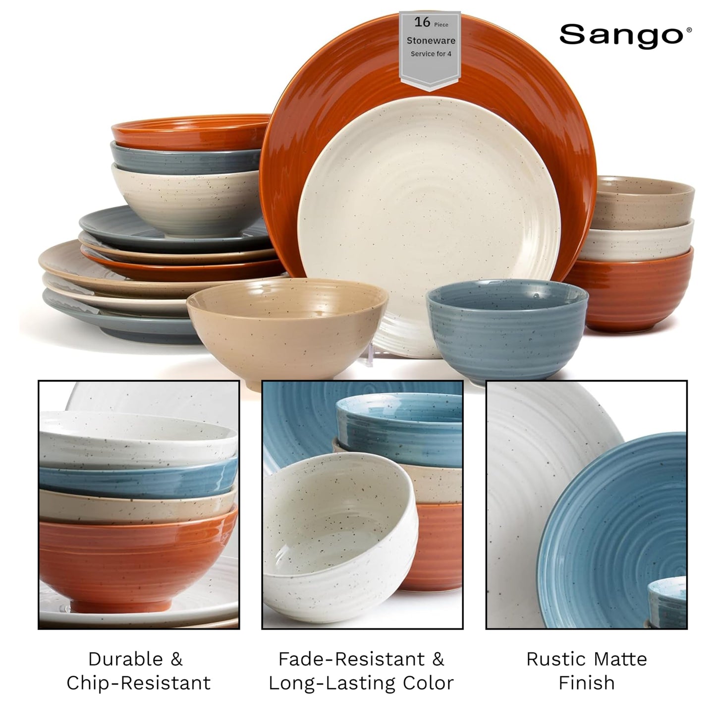 Sango Siterra Painter's Palette 16-Piece Stoneware Dinnerware Set - Service for 4, Ceramic Plates and Bowls Sets, Chip Resistant, Rustic Dishware, Microwave & Dishwasher Safe Kitchen Dishes