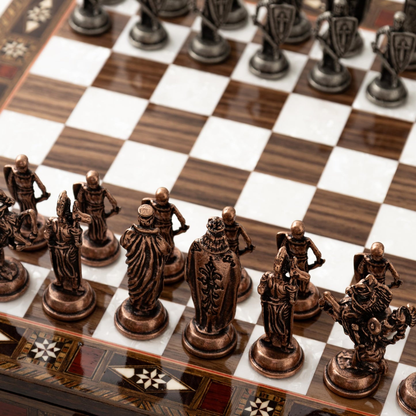 15’’ Handmade Walnut Wooden Chess Set – British Style Metal Chess Pieces – Luxury Storage Chess Board for Adults & Gift for Dad (Walnut)