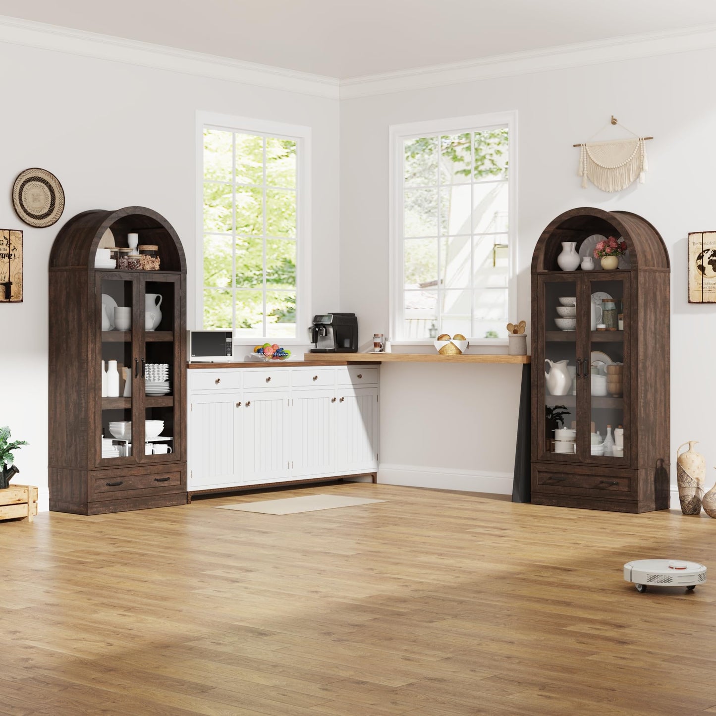 75" Tall Arched Kitchen Pantry Cabinet w Load-Bearing Steel Pipe,Modern Farmhouse Kitchens Storage Cabinet with Drawer and Glass Doors,Tall Arched Bookcase,Pantry Organizer(Rustic Brown)