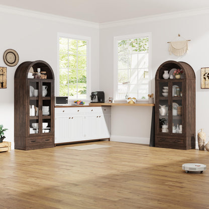 75" Tall Arched Kitchen Pantry Cabinet w Load-Bearing Steel Pipe,Modern Farmhouse Kitchens Storage Cabinet with Drawer and Glass Doors,Tall Arched Bookcase,Pantry Organizer(Rustic Brown)