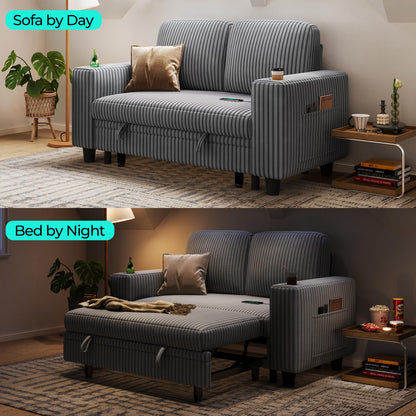 LINSY HOME Sectional Sleeper Sofa Pull Out Couches for Living Room (Grey, Pull Out Couch) | Pull Out Sofa Bed, Storage, USB Charging, Cup Holders, Plush Corduroy