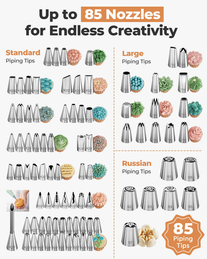 Kootek 140Pcs Icing Piping Bags and Tips Set, Frosting Piping Kit with 78 Numbered Icing Tips, 7 Russian Tip, 42 Pastry Bags 12 Inch, 5 Couplers, 4 Bag Ties for Cake Decorating, Cupcake, Baking
