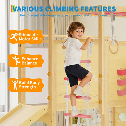 Jungle Gym with Slide, Rock Wall, Wood ＆ Rope Ladder, Monkey Bars, Gym Rings