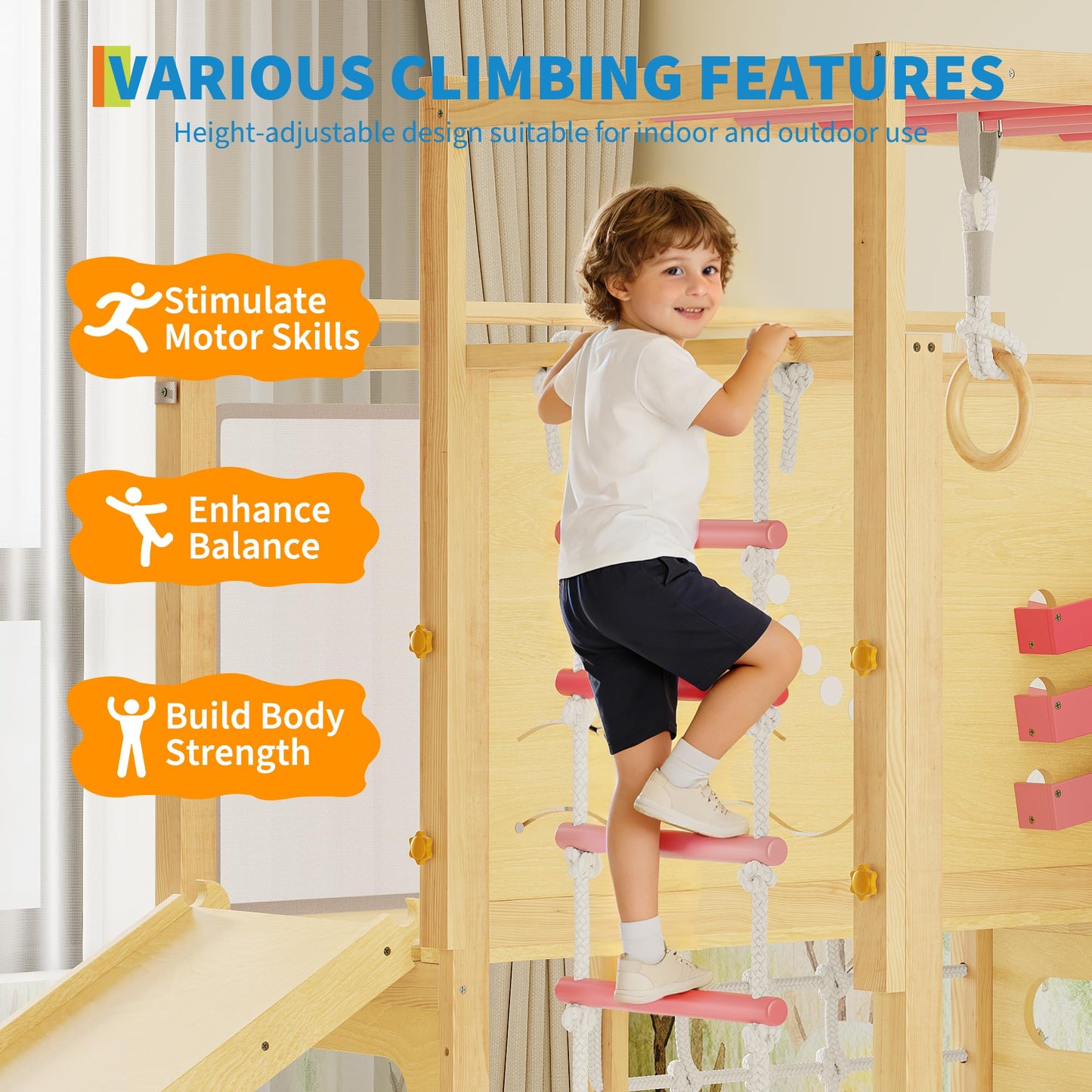 Garvee 9-in-1 Indoor Jungle Gym, Montessori Wooden Indoor Playground for Kids 2-8, Wooden Climbing Structure with Slide, Monkey Bars, Rope Ladder, Rock Wall, Climbing Net, Rings - Natural Wood Pink
