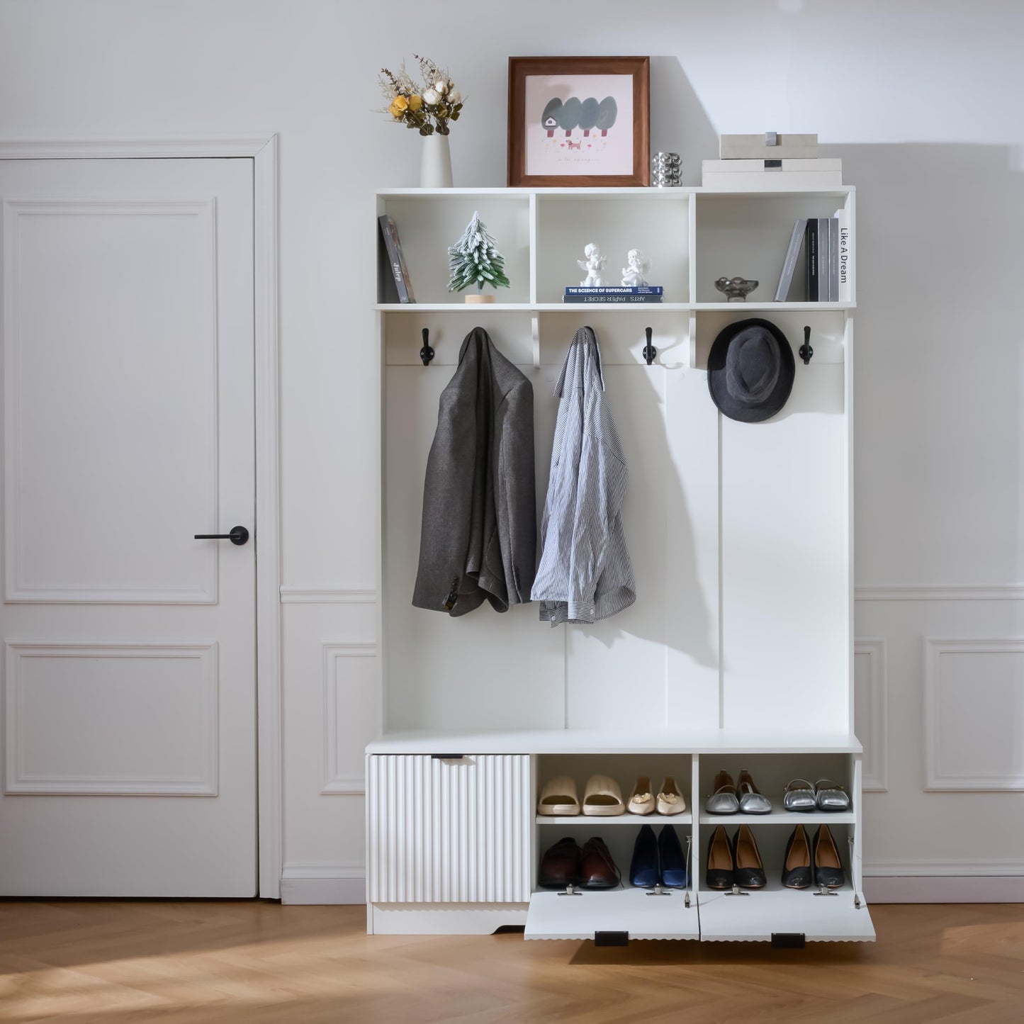 49.6" 5-in-1 Hall Tree with Bench Shoe Storage 3 Open Storage Cabinets, Farmhouse Entryway Cabinet with High Gloss Fluted Doors Coat Rack with 6 Hooks Shoe Cabinet for Hallway Living Room White