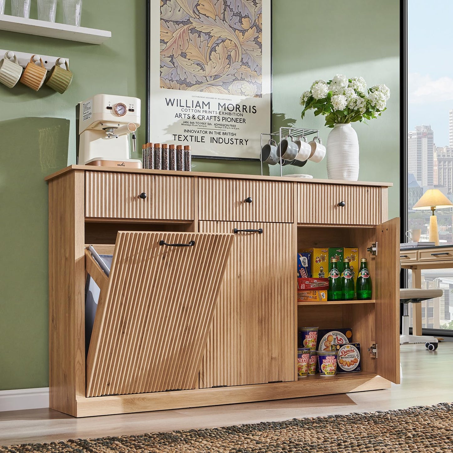 IFGET Triple Tilt Out Trash Can Cabinet, Modern Fluted Laundry Hamper Cabinet with 3 Drawers, 20 Gallon Hidden Wooden Garbage Can Cabinet w/Storage Basket & Adjustable Shelf, for Kitchen, Natural Oak