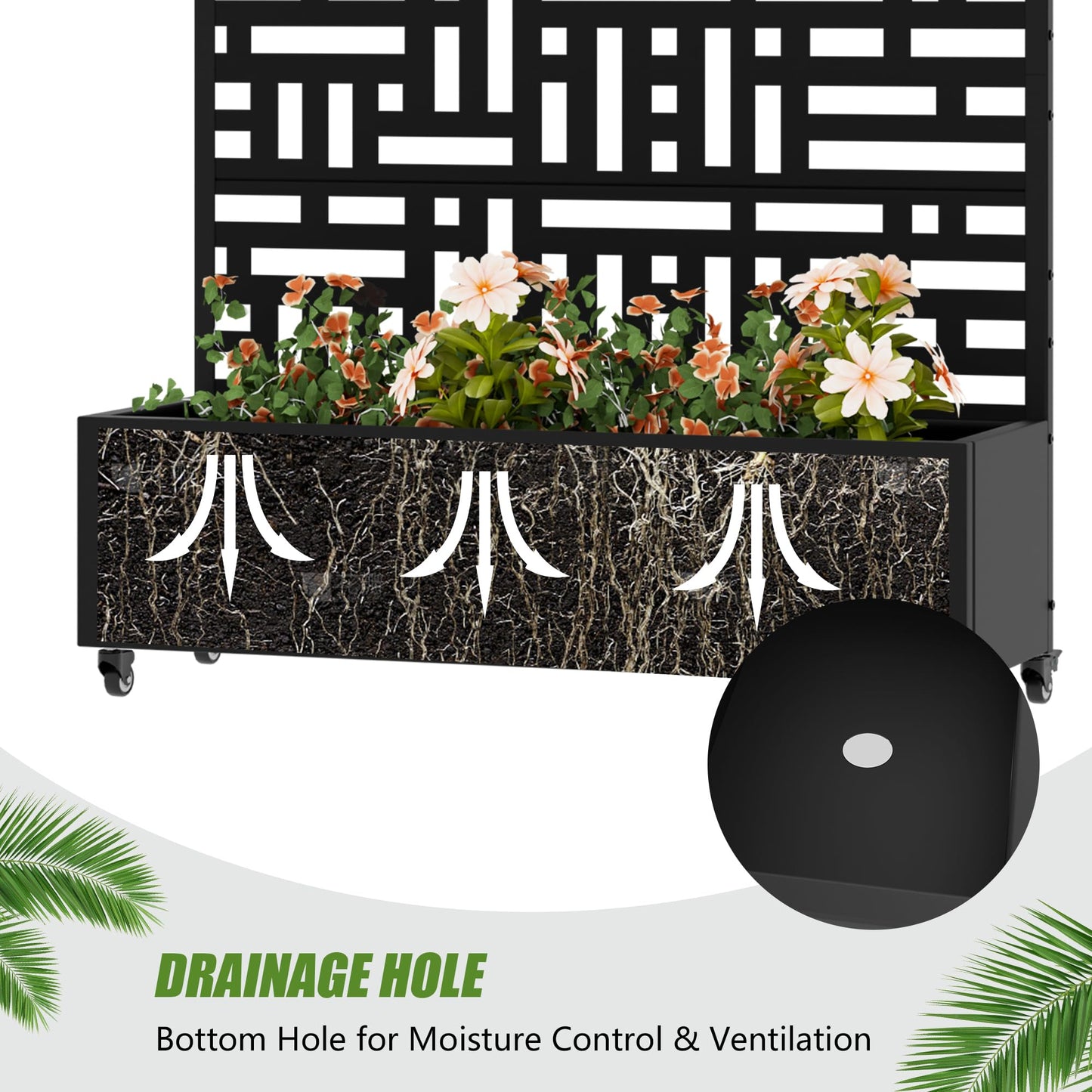 Wooakway Raised Garden Bed with Trellis, 72" H x 47" W Metal Planter Box with Privacy Screen and Wheels, 52 Gal Large Outdoor Mobile Planter for Patio, Balcony, Backyard, Climbing Plants, Black